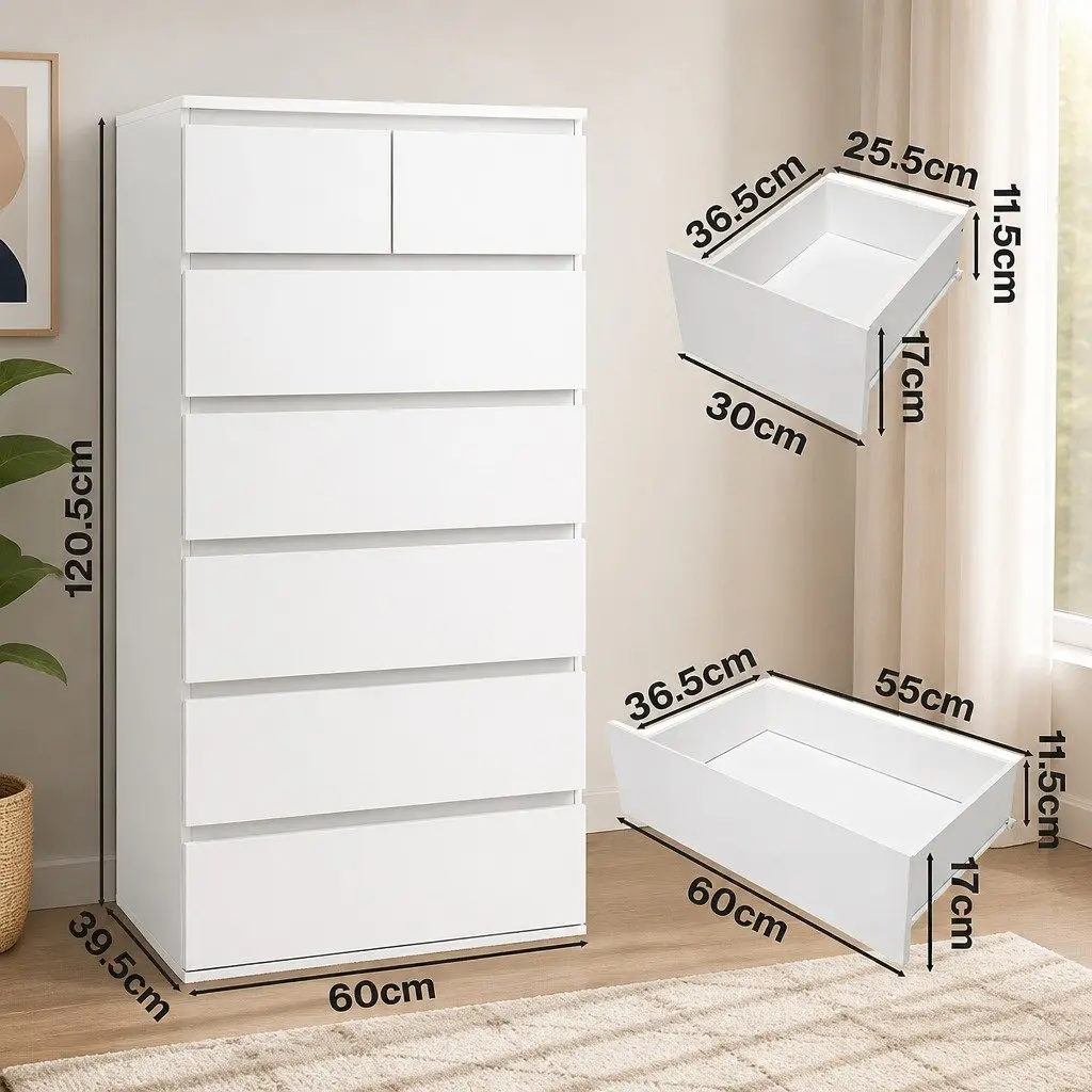 Tall Storage Cabinet 7 Drawer Dresser Bedroom Organiser White