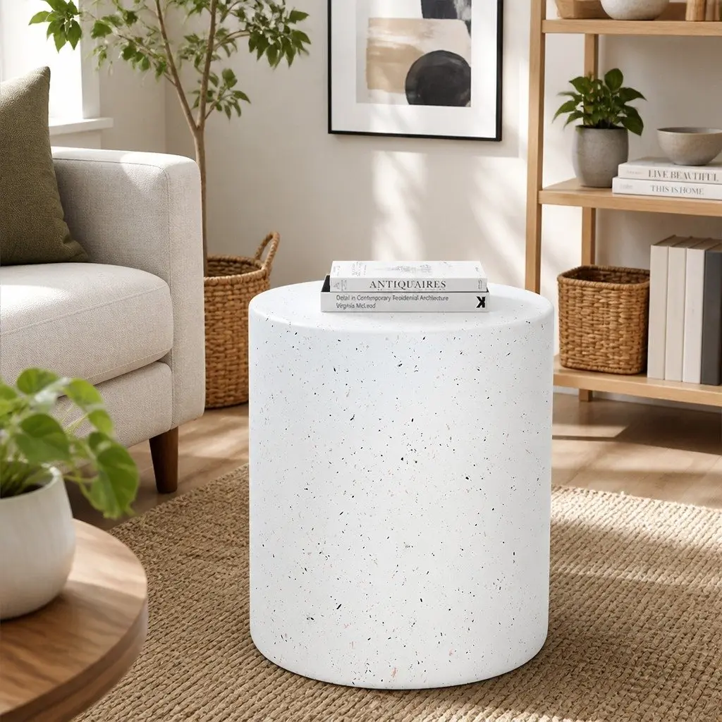 Round Terrazzo Side Table Cylinder Shape Beige 39.5cm W x 39.5cm D x 47cm H Suitable for Bedroom Lounge Outdoor