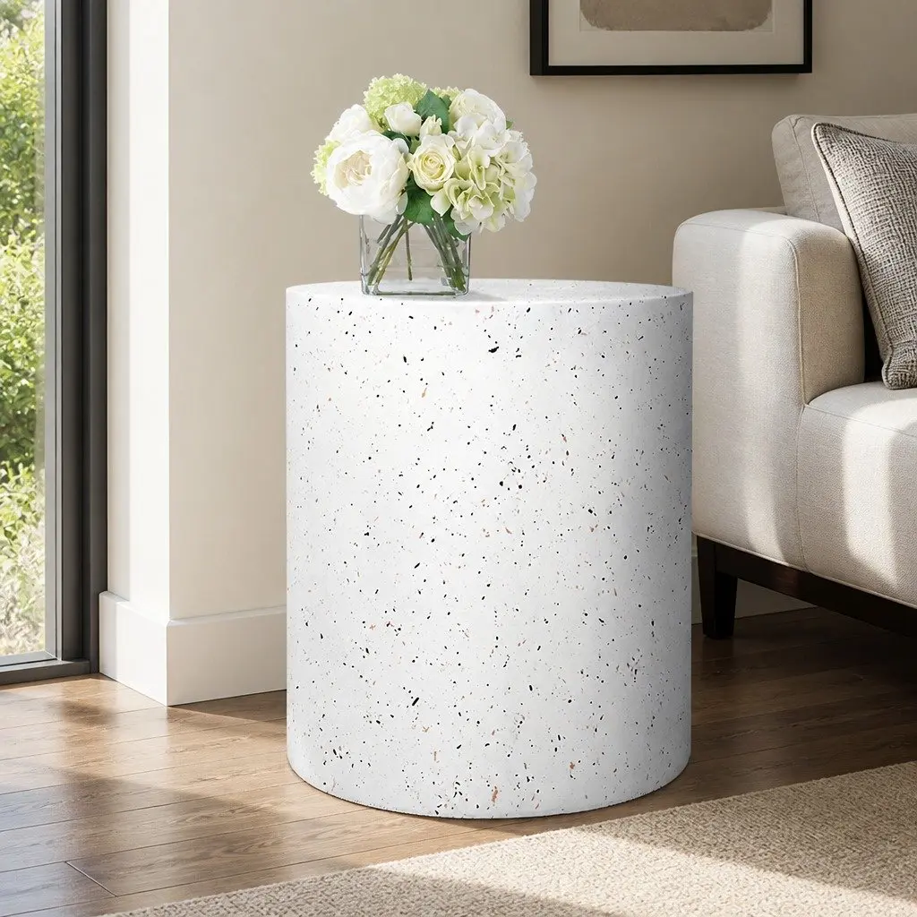 Round Terrazzo Side Table Cylinder Shape Beige 39.5cm W x 39.5cm D x 47cm H Suitable for Bedroom Lounge Outdoor