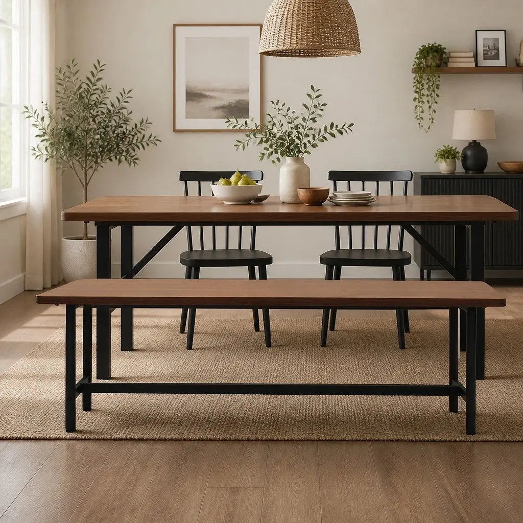 Dining Bench Chair 2-3 Seater 140cm Brown MDF Top Steel Frame Home Furniture