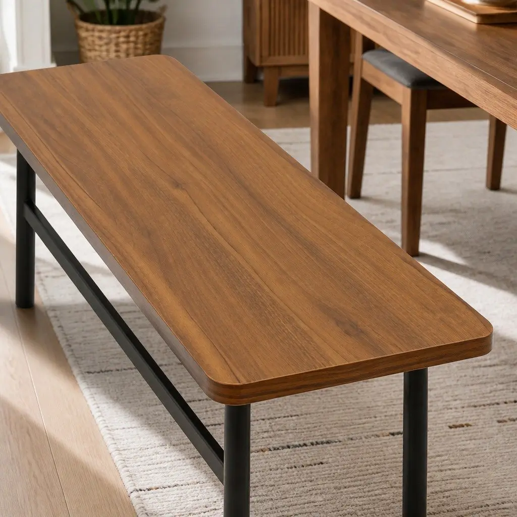 Dining Bench Chair 2-3 Seater 140cm Brown MDF Top Steel Frame Home Furniture