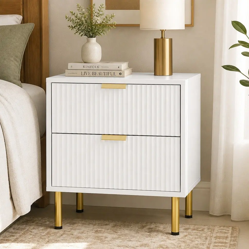 Bedside Table Storage Organiser 2 Drawers White Metal Legs