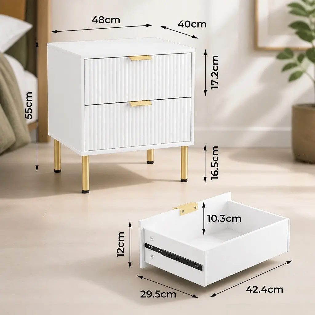 Bedside Table Storage Organiser 2 Drawers White Metal Legs