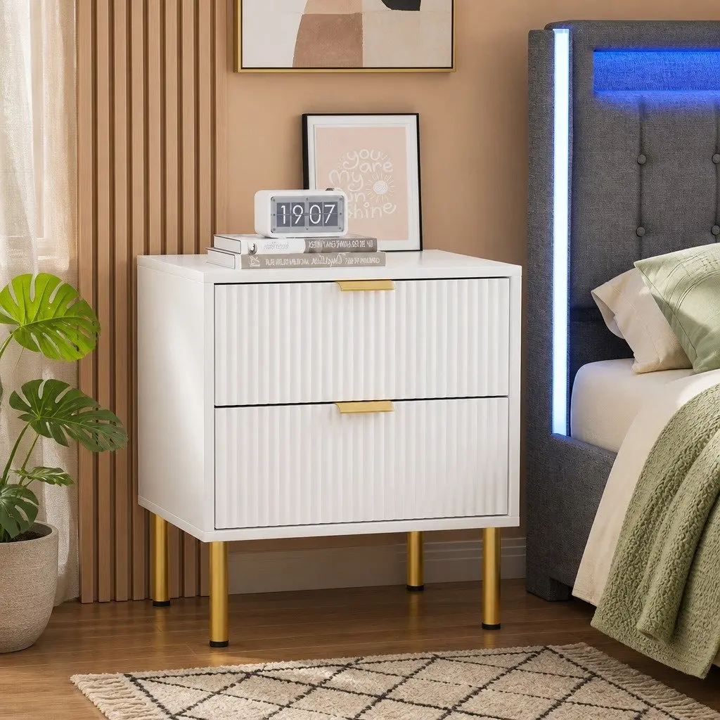 Bedside Table Storage Organiser 2 Drawers White Metal Legs