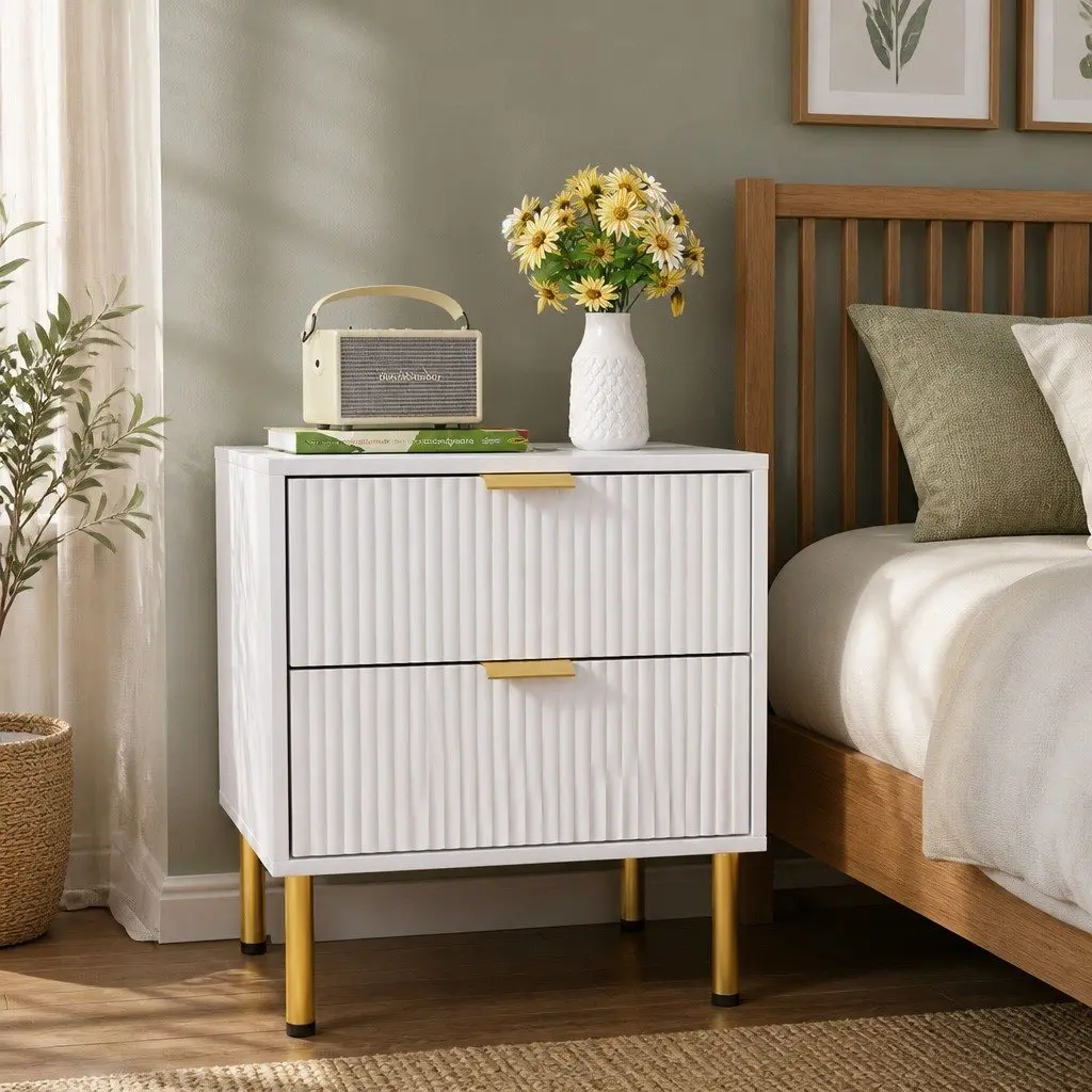 Bedside Table Storage Organiser 2 Drawers White Metal Legs