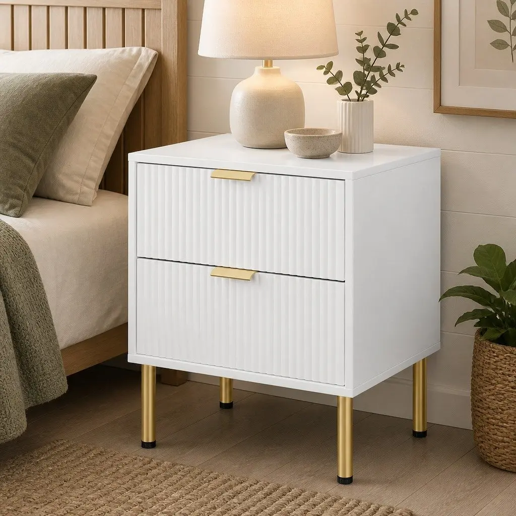 Bedside Table Storage Organiser 2 Drawers White Metal Legs
