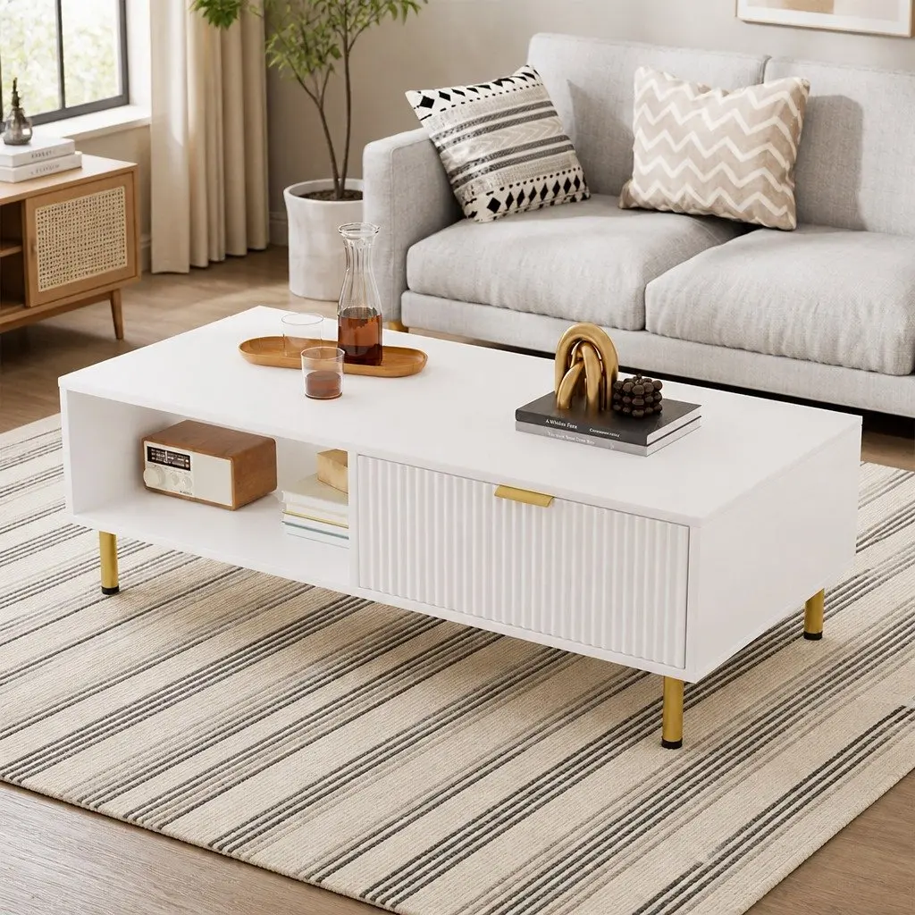 Modern Coffee Table 110cm White Gold Storage Drawer Open Shelf Living Room