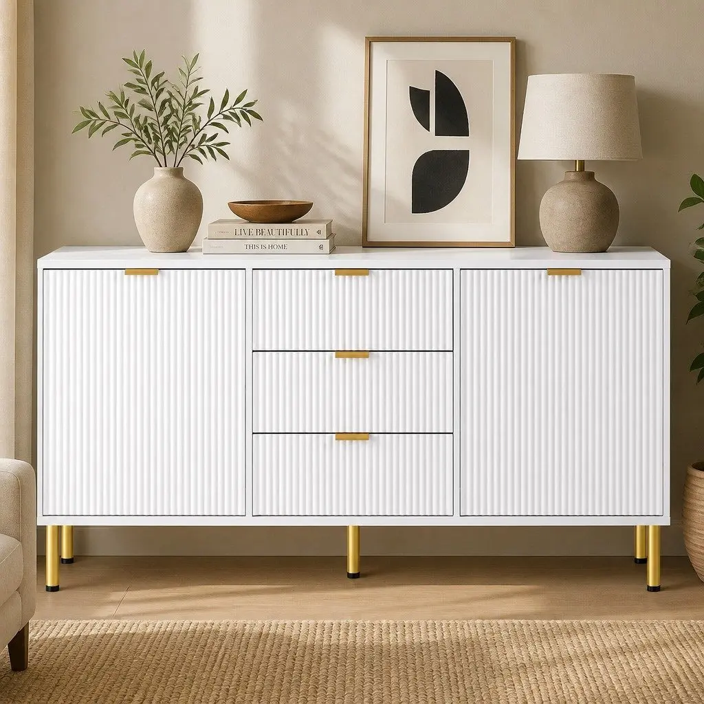 Storage Sideboard Cabinet 3 Drawers 2 Doors White for Kitchen Dining Room