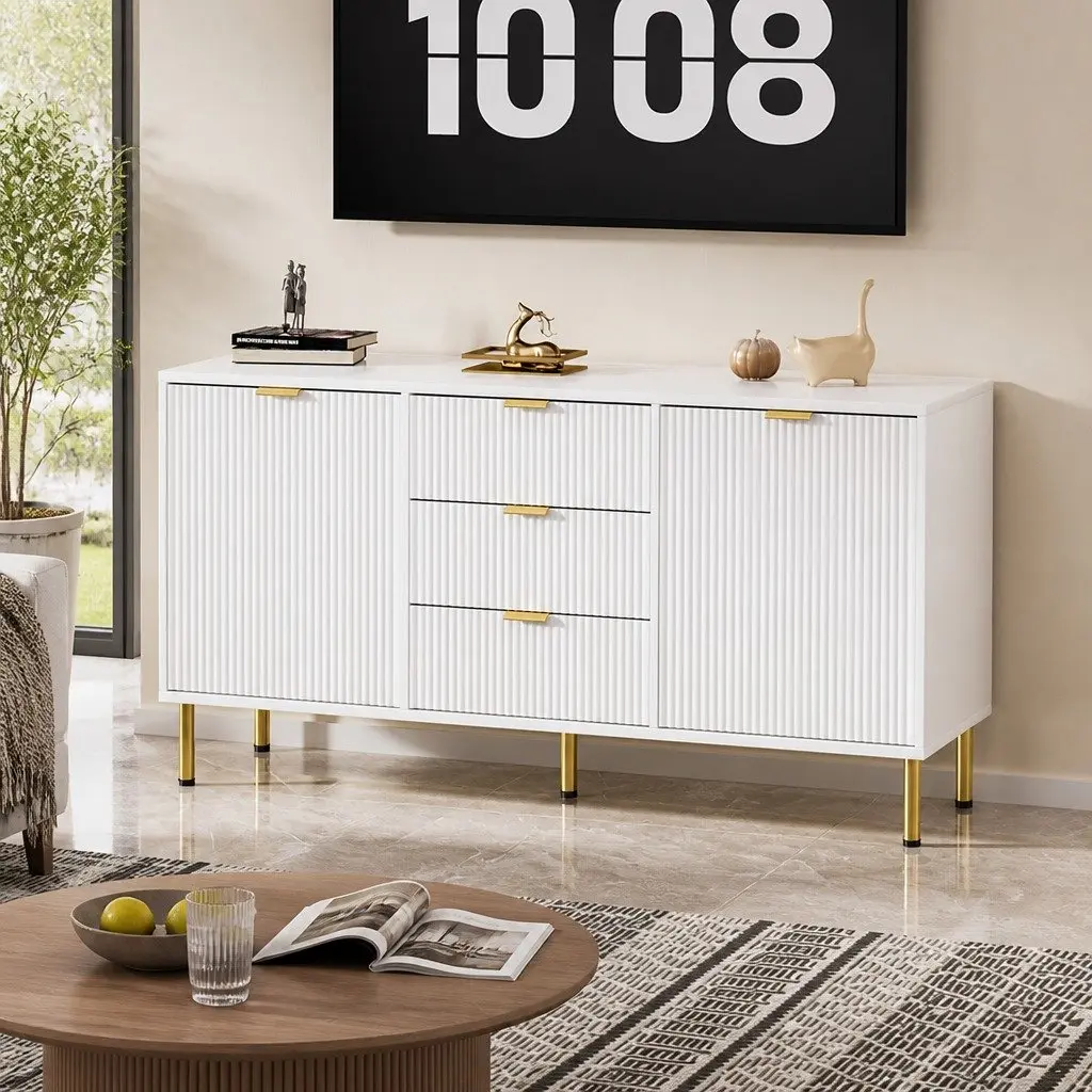 Storage Sideboard Cabinet 3 Drawers 2 Doors White for Kitchen Dining Room