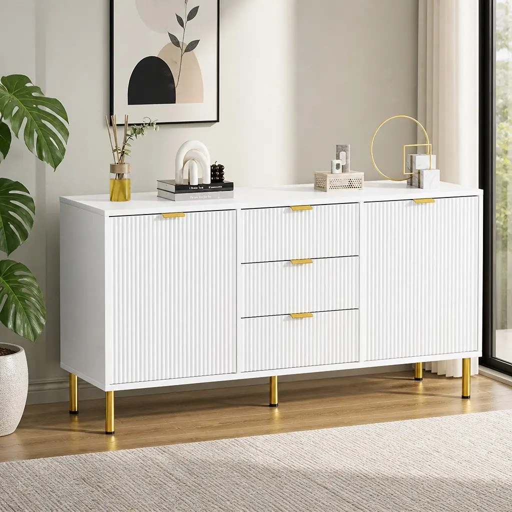 Storage Sideboard Cabinet 3 Drawers 2 Doors White for Kitchen Dining Room