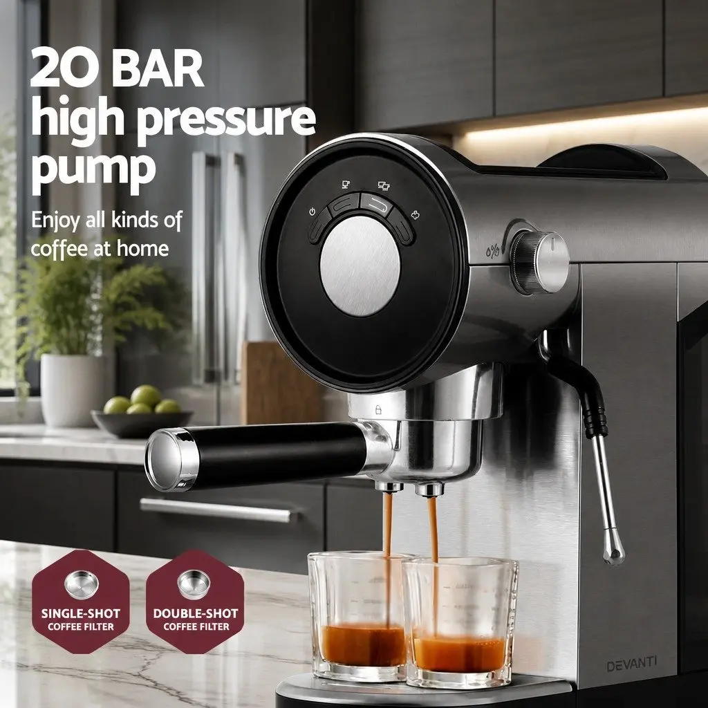 Espresso Coffee Machine 20 Bar Milk Frother Mug Warmer Silver 14 x 29 x 30cm
