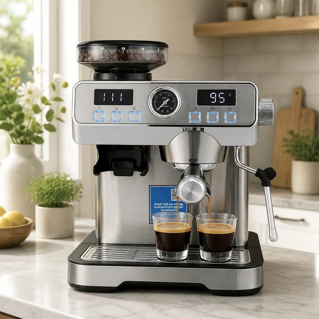 Espresso Coffee Machine Grinder Milk Frother Steam Wand Mug Warmer Silver