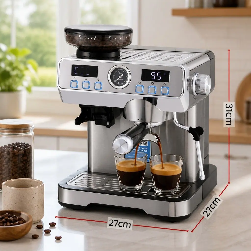Espresso Coffee Machine Grinder Milk Frother Steam Wand Mug Warmer Silver