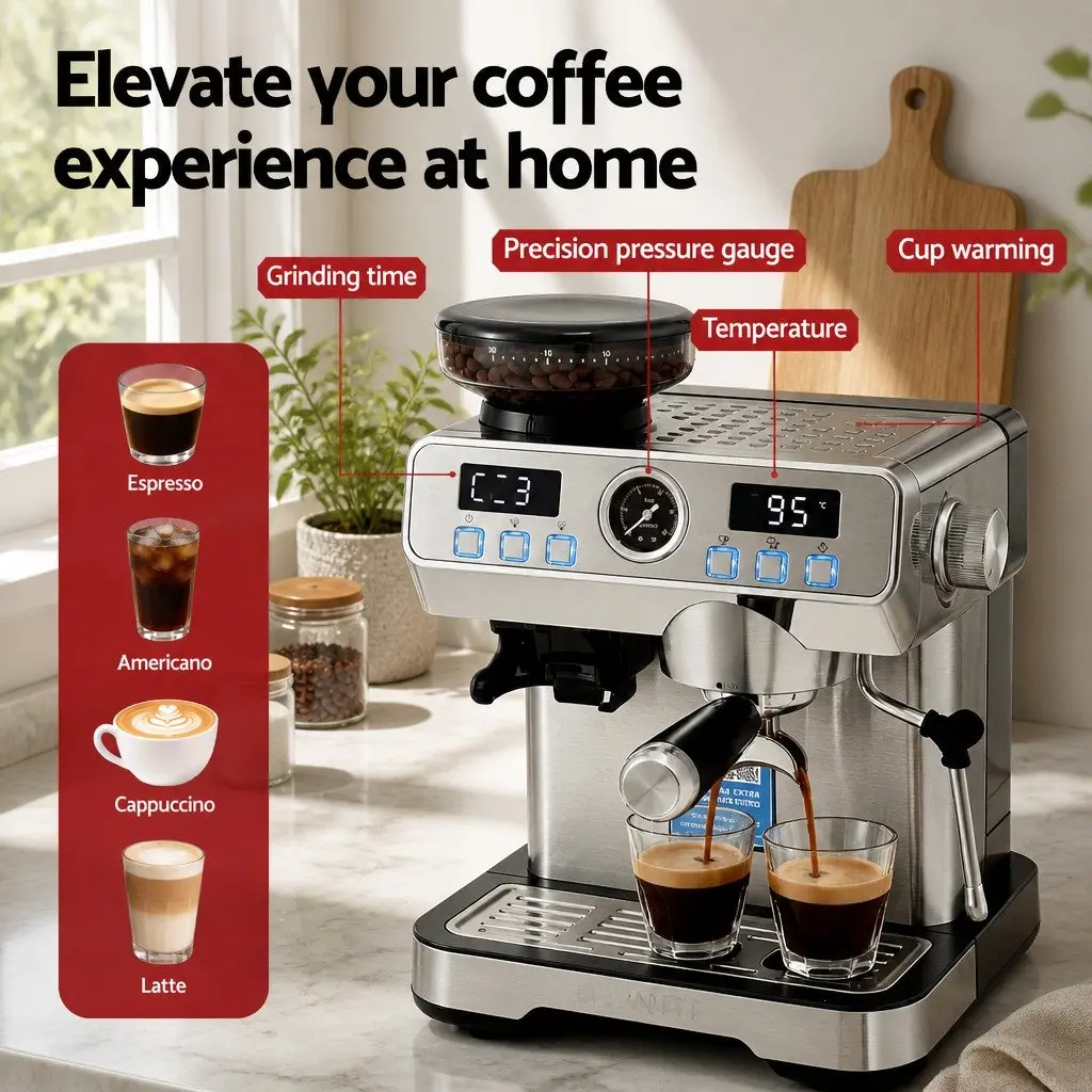 Espresso Coffee Machine Grinder Milk Frother Steam Wand Mug Warmer Silver