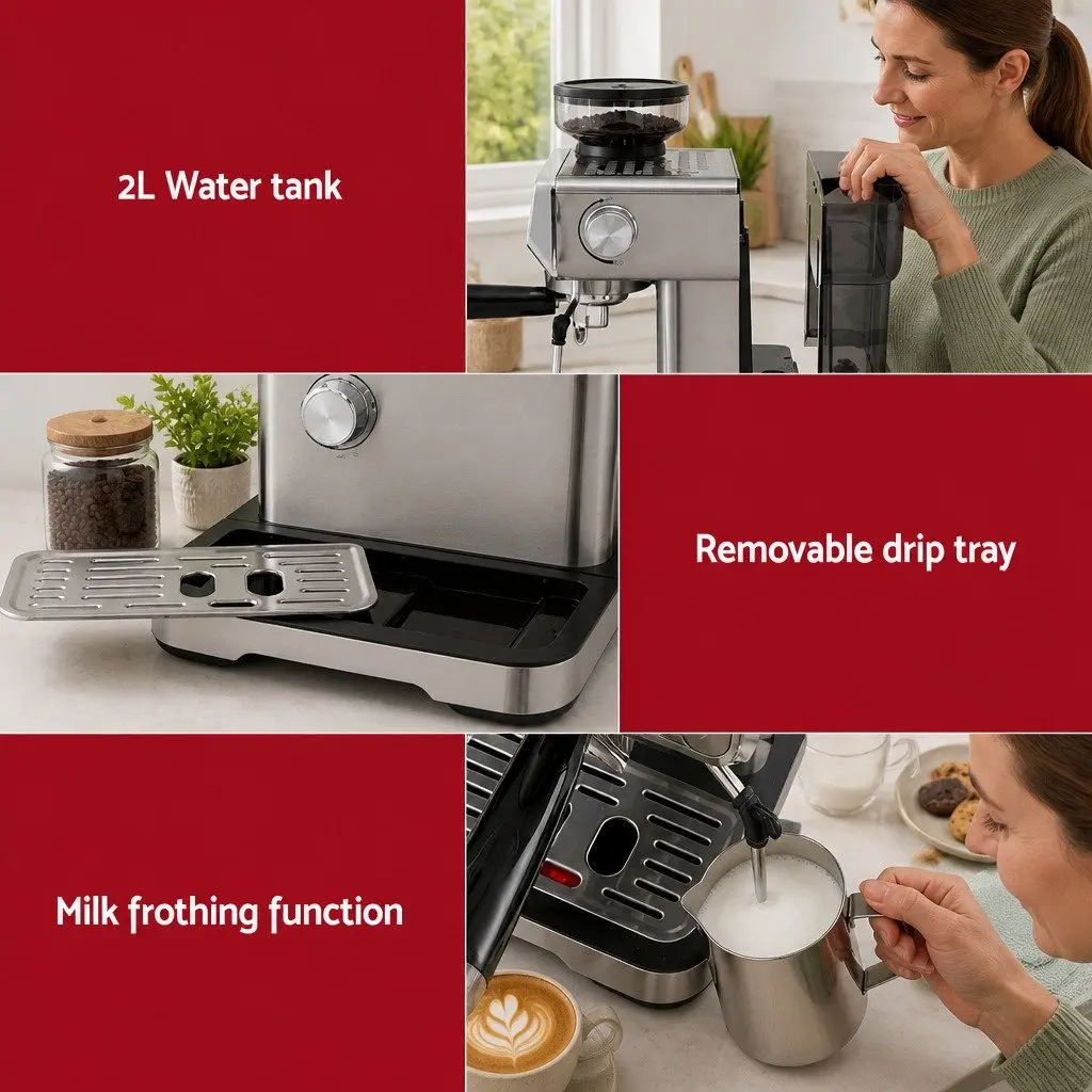 Espresso Coffee Machine Grinder Milk Frother Steam Wand Mug Warmer Silver