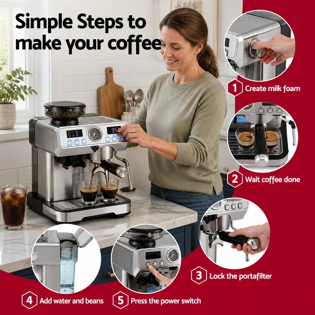 Espresso Coffee Machine Grinder Milk Frother Steam Wand Mug Warmer Silver