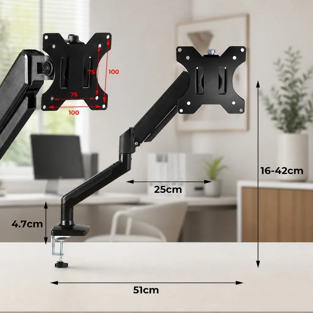 Monitor Stand Single Arm Adjustable Height 13"-32" Black