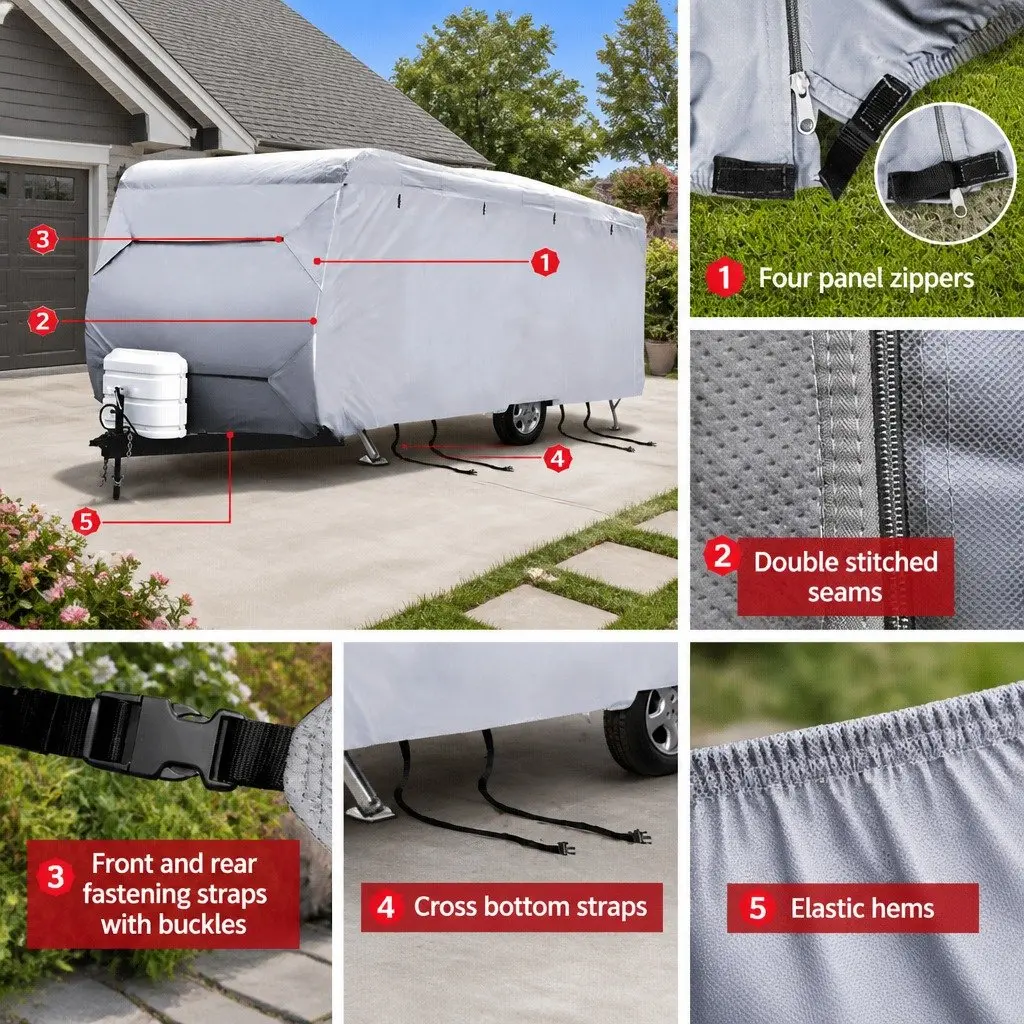 Caravan Cover Campervan 14-16FT 4 Layer UV Water Resistant Grey Outdoor
