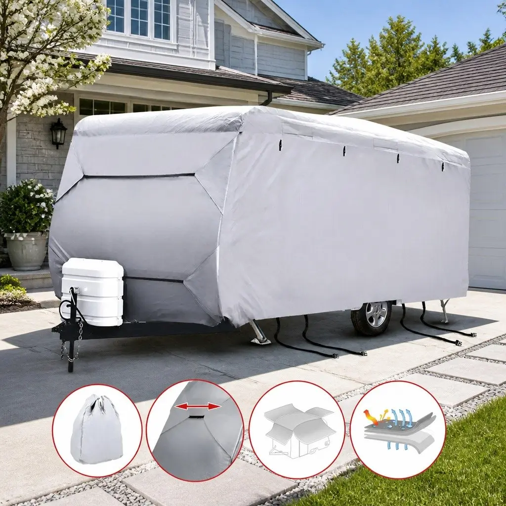 Caravan Cover Campervan 14-16FT 4 Layer UV Water Resistant Grey Outdoor