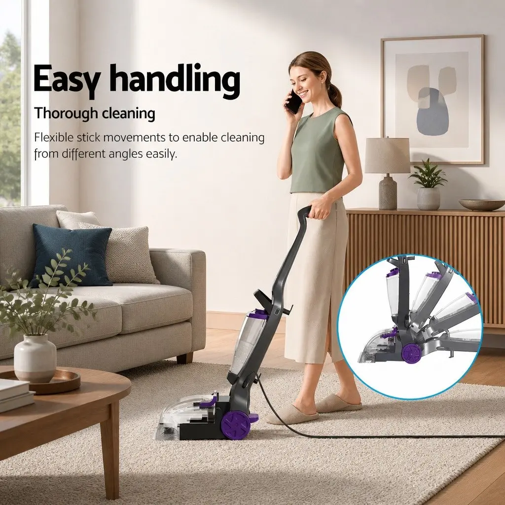 Handheld Carpet Washer Vacuum Cleaner 800W Dual Tank System Flexible Stick Purple Grey