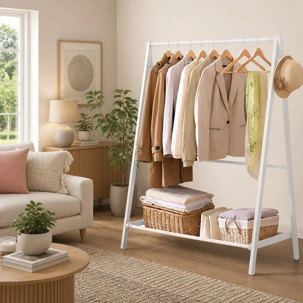 Wooden Clothes Rack with Ample Storage