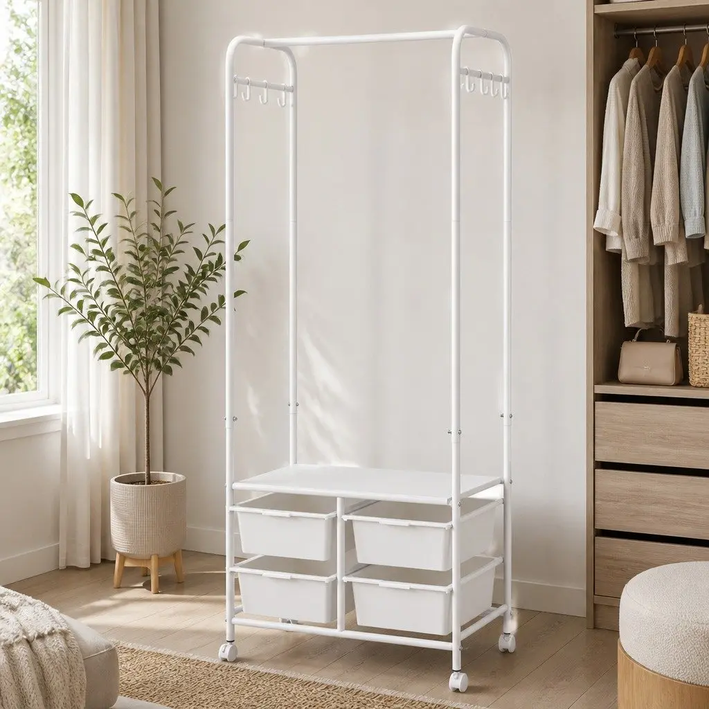 Clothes Rack Stand Horizontal Bar Storage Boxes Side Hooks Shoe Shelf 63CM White