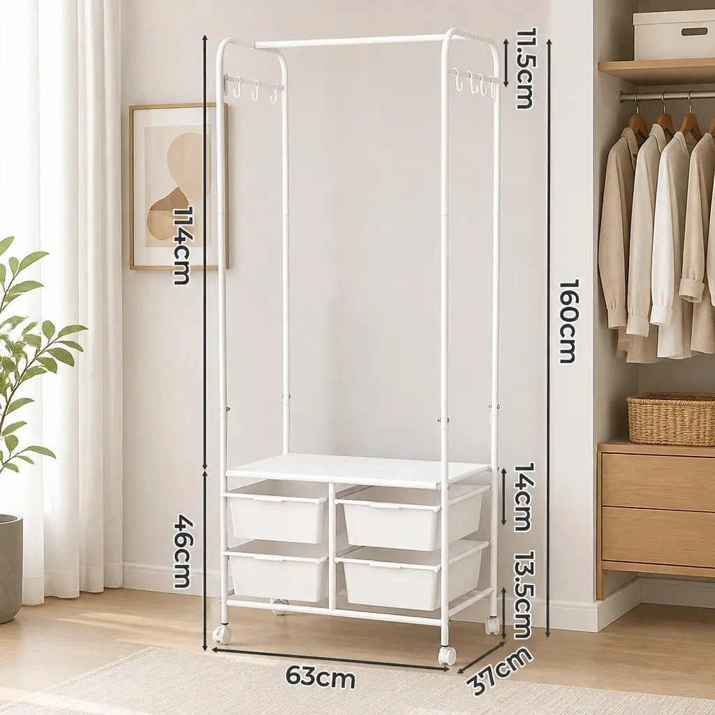 Clothes Rack Stand Horizontal Bar Storage Boxes Side Hooks Shoe Shelf 63CM White