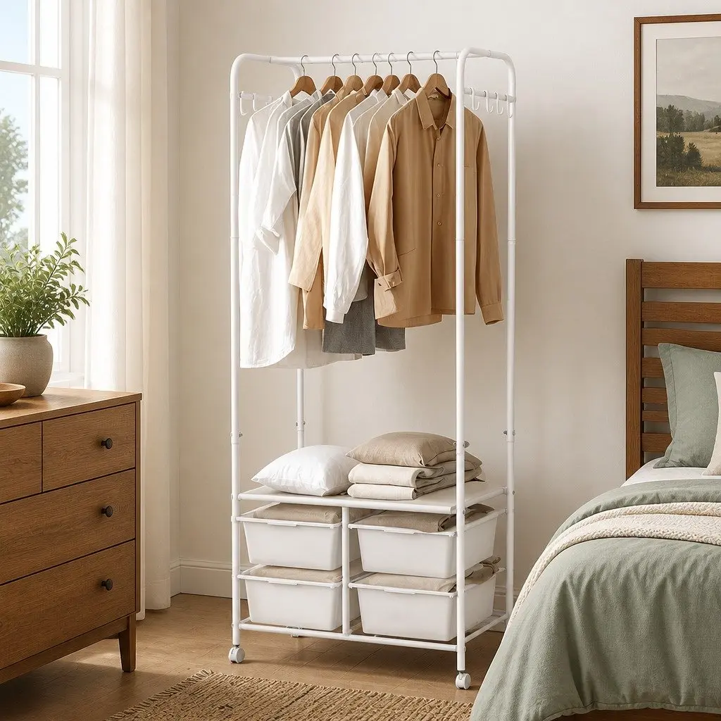 Clothes Rack Stand Horizontal Bar Storage Boxes Side Hooks Shoe Shelf 63CM White