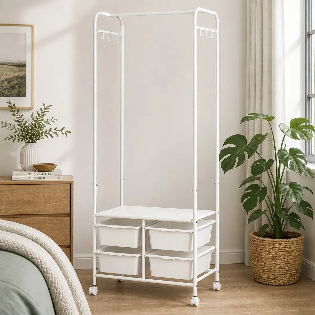 Clothes Rack Stand Horizontal Bar Storage Boxes Side Hooks Shoe Shelf 63CM White