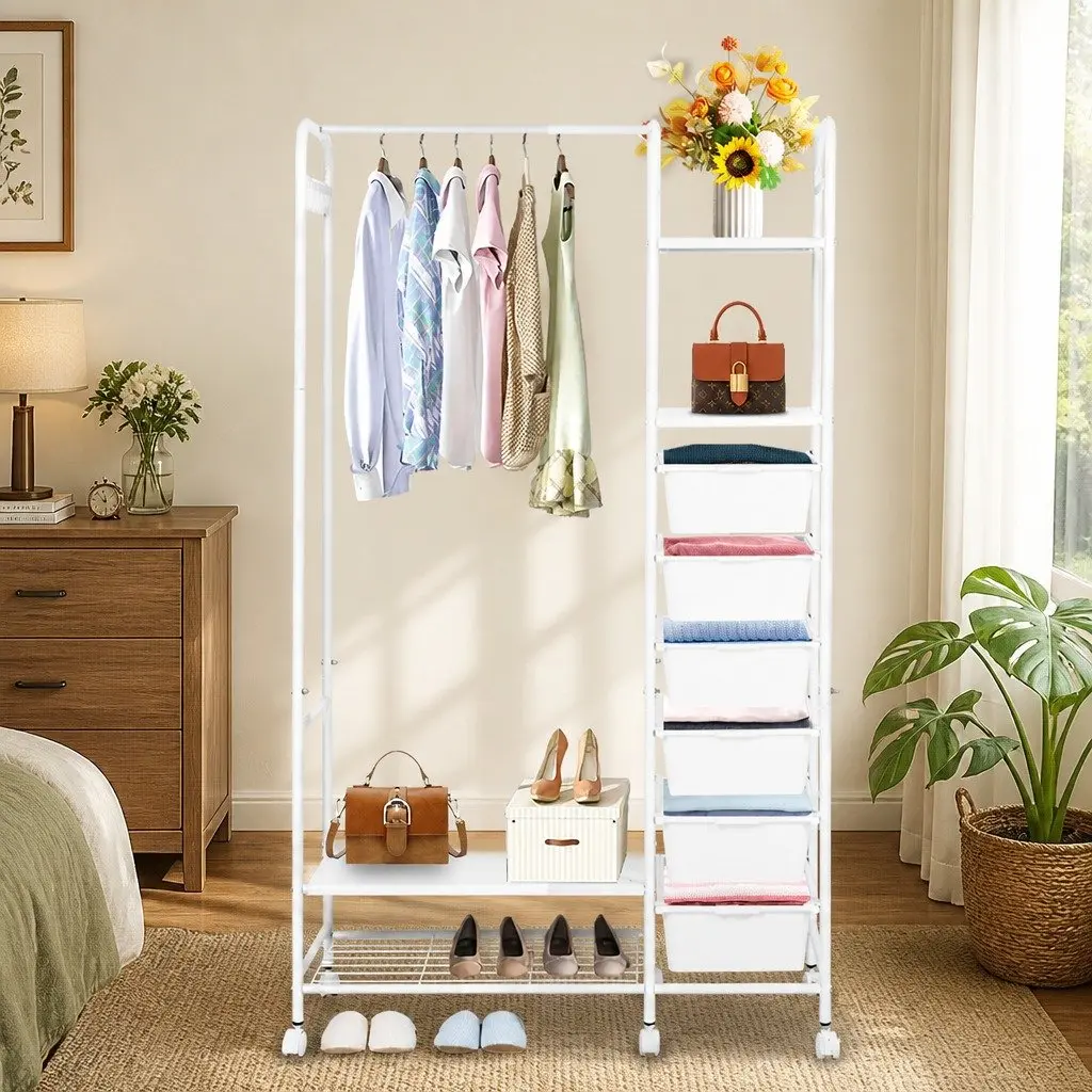 Clothes Rack Stand 94cm Wardrobe Organizer Hanging Bar Storage Boxes Wheels