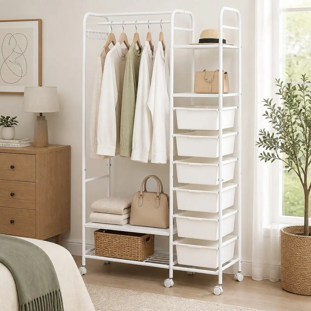 Clothes Rack Stand 94cm Wardrobe Organizer Hanging Bar Storage Boxes Wheels
