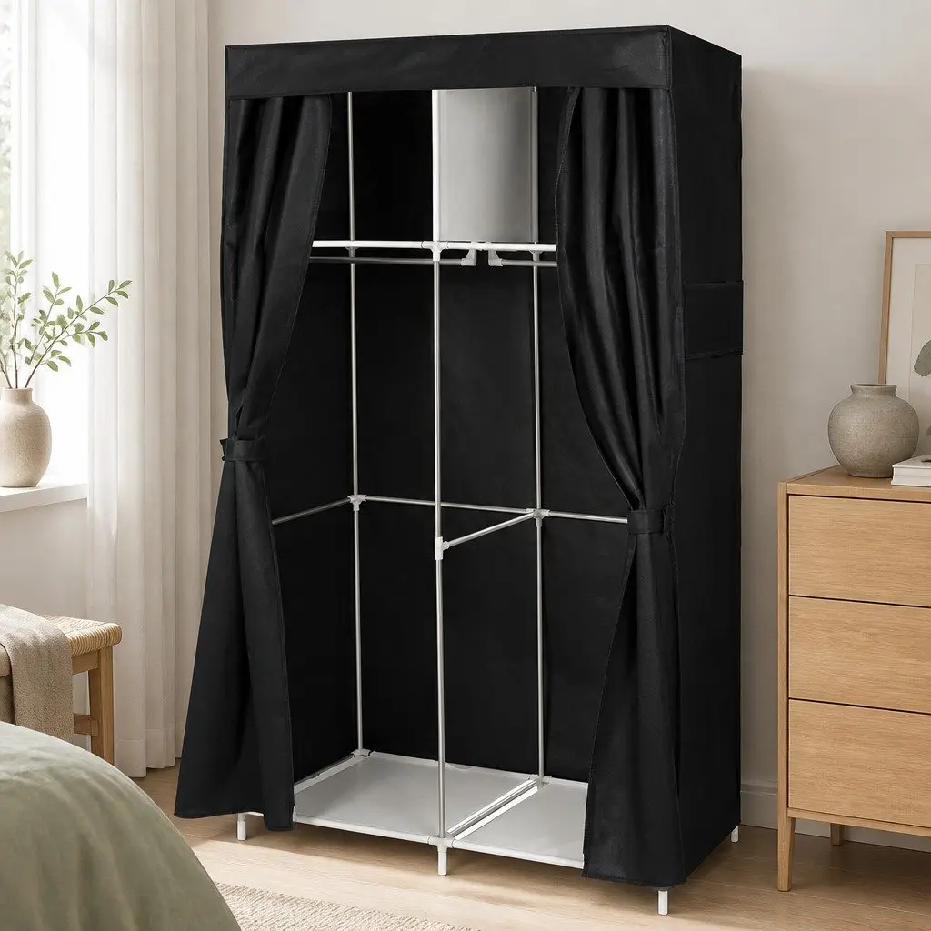 Fabric Wardrobe Organizer Storage Closet 102cm Dustproof Portable Black and Silver