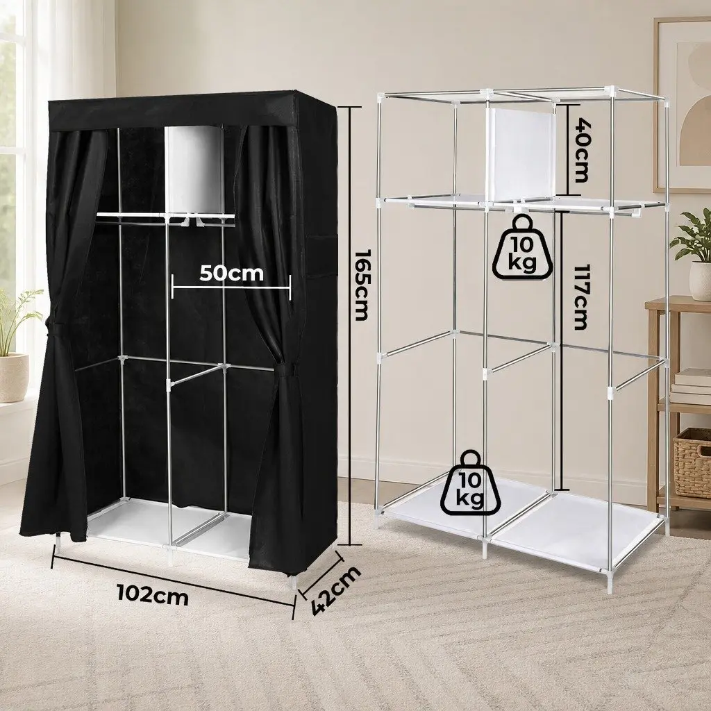 Fabric Wardrobe Organizer Storage Closet 102cm Dustproof Portable Black and Silver