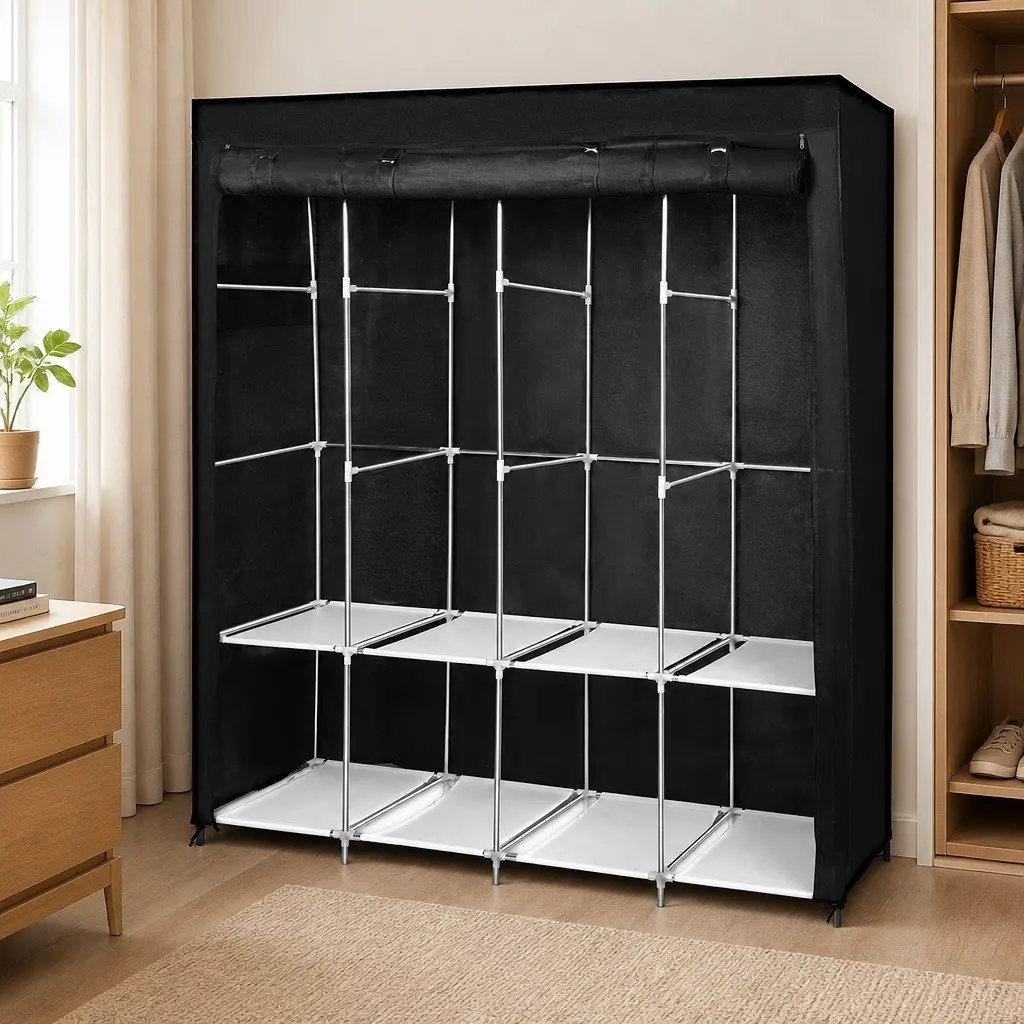 Fabric Wardrobe Closet Organizer Portable Storage 166cm Height Black Silver for Hanging Clothes and Accessories