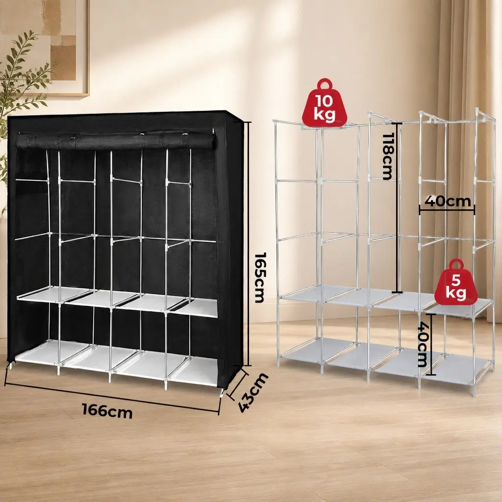 Fabric Wardrobe Closet Organizer Portable Storage 166cm Height Black Silver for Hanging Clothes and Accessories