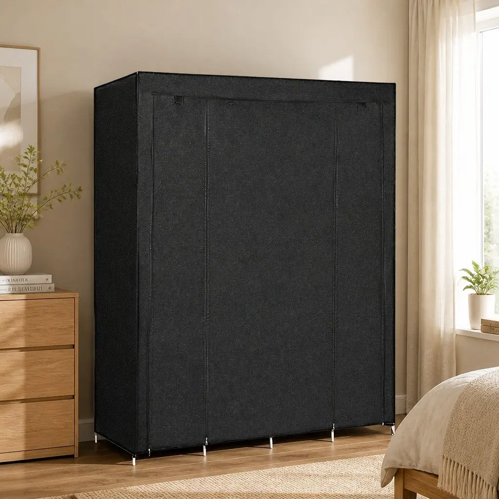 Fabric Wardrobe Closet Organizer Portable Storage 166cm Height Black Silver for Hanging Clothes and Accessories