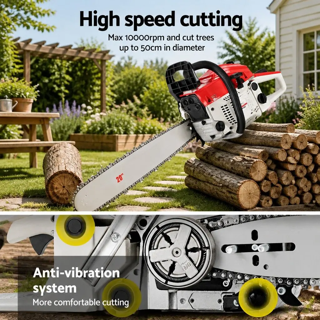 58cc Petrol Chainsaw 20" Bar Commercial Grade E-Start Red and White