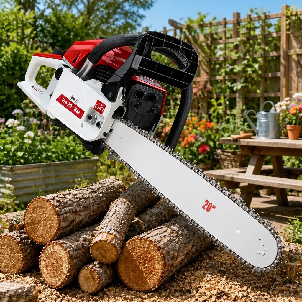 58cc Petrol Chainsaw 20" Bar Commercial Grade E-Start Red and White