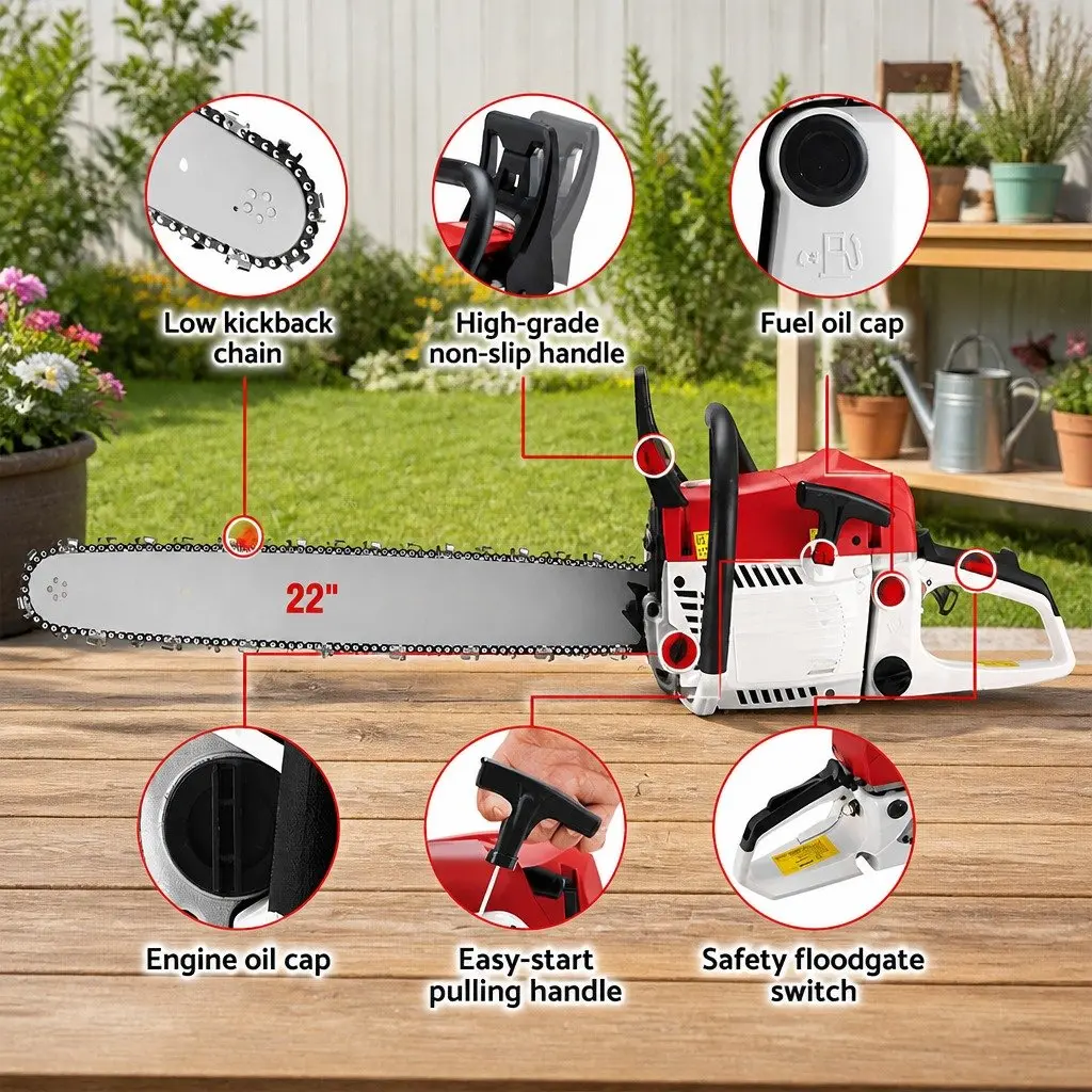 Petrol Chainsaw 62CC 22" Bar Commercial Grade E-Start Pruning Cutting Tool
