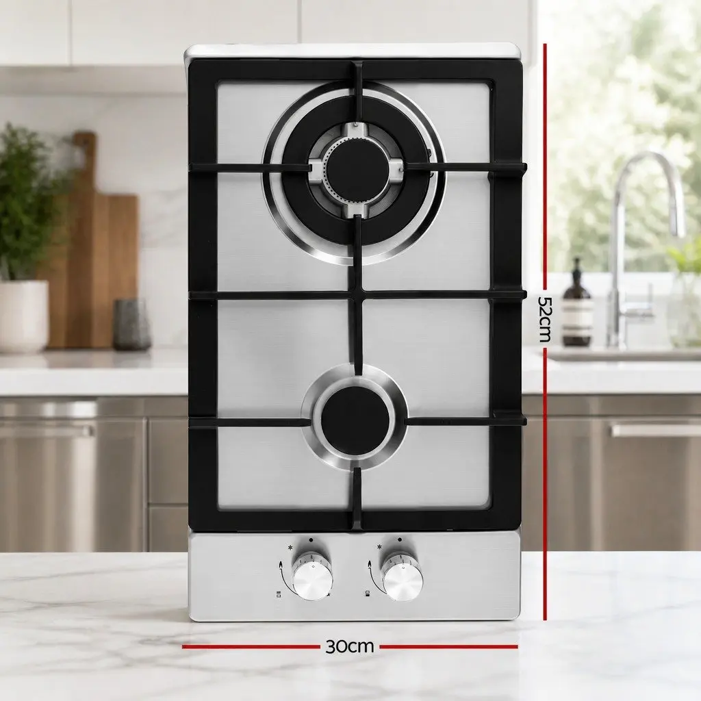 30cm Gas Cooktop 2 Burner Built-in Stove Wok Silver Stainless Steel Kitchen
