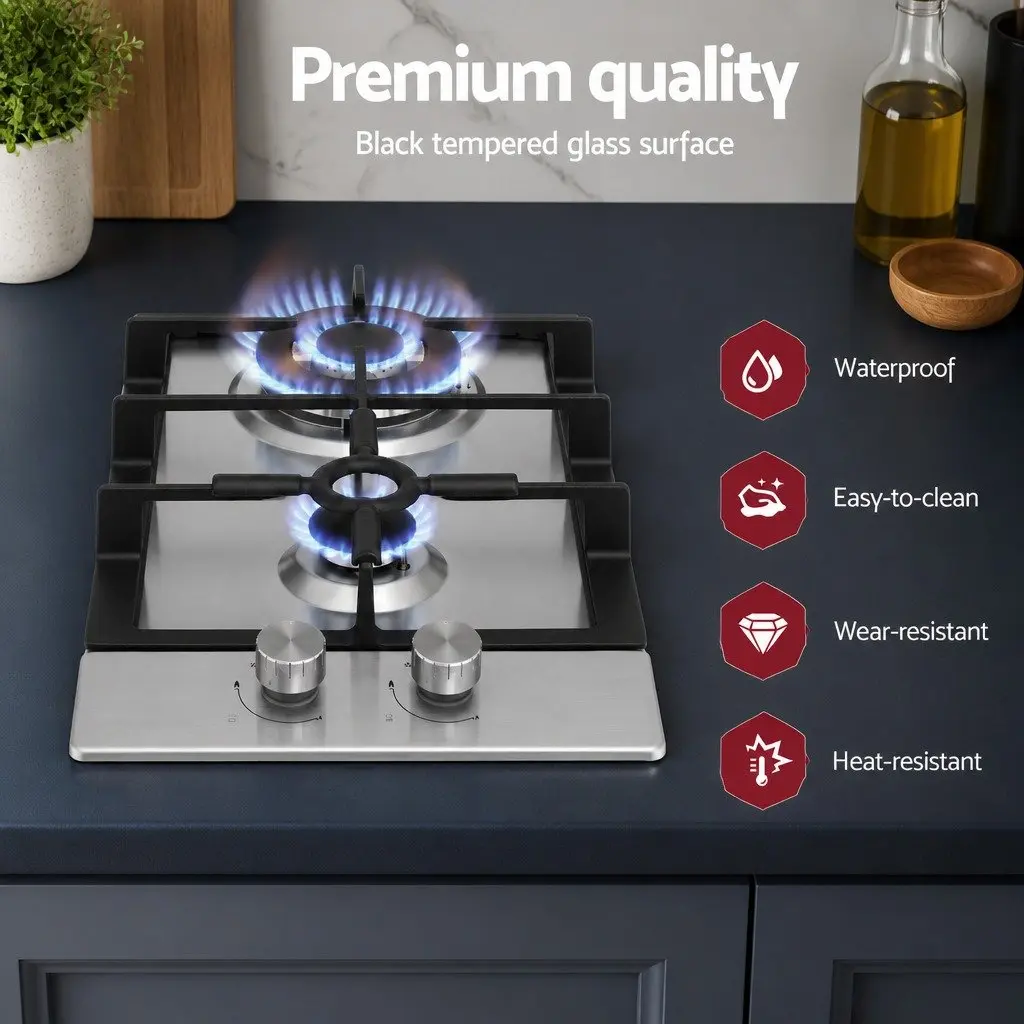 30cm Gas Cooktop 2 Burner Built-in Stove Wok Silver Stainless Steel Kitchen
