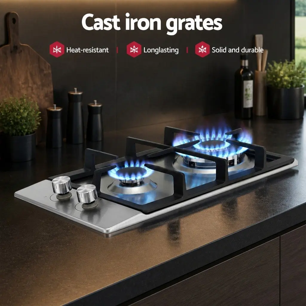 30cm Gas Cooktop 2 Burner Built-in Stove Wok Silver Stainless Steel Kitchen