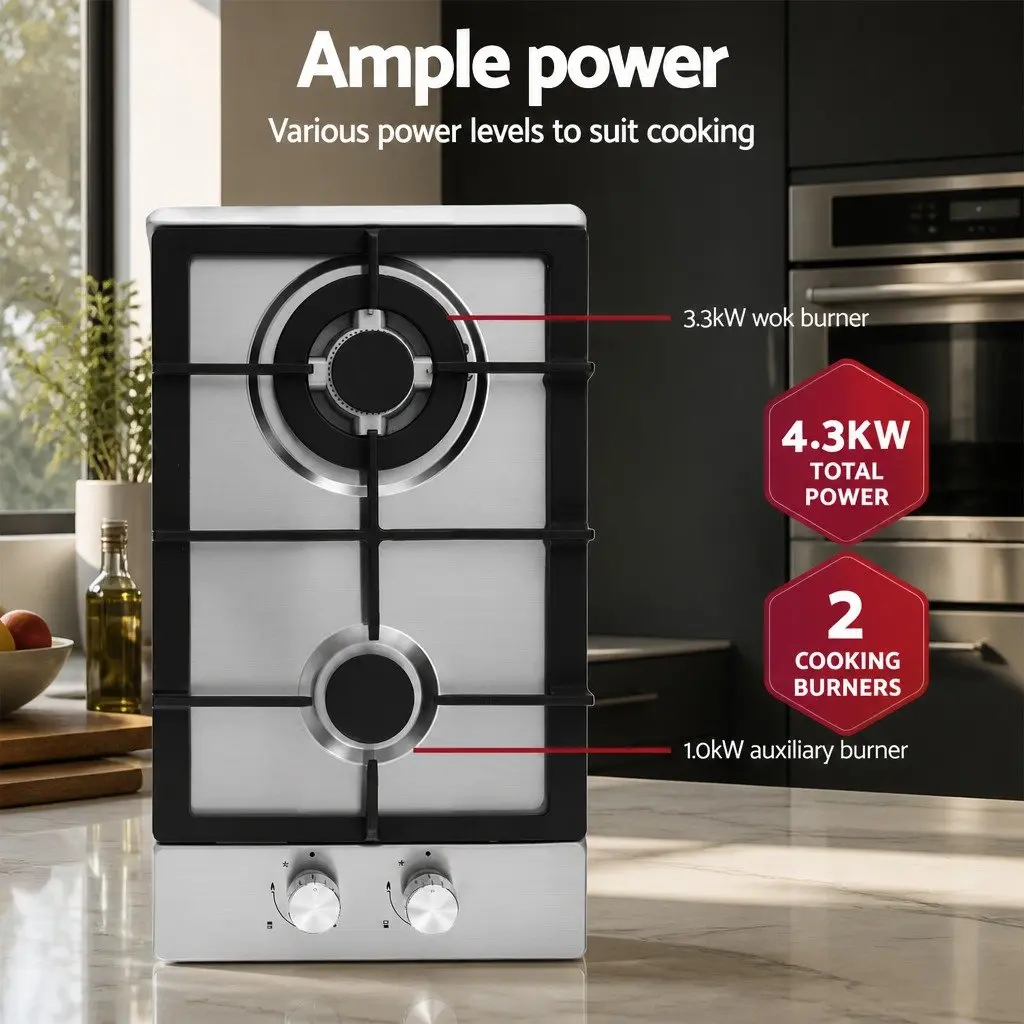 30cm Gas Cooktop 2 Burner Built-in Stove Wok Silver Stainless Steel Kitchen