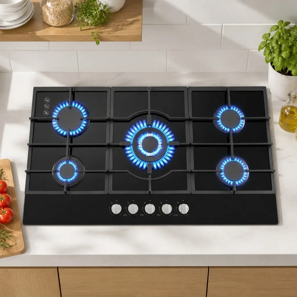 90cm Gas Cooktop 5 Burner Tempered Glass Hob Black for LPG and Natural Gas Cooking