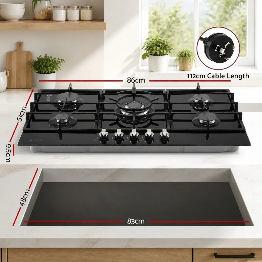 90cm Gas Cooktop 5 Burner Tempered Glass Hob Black for LPG and Natural Gas Cooking