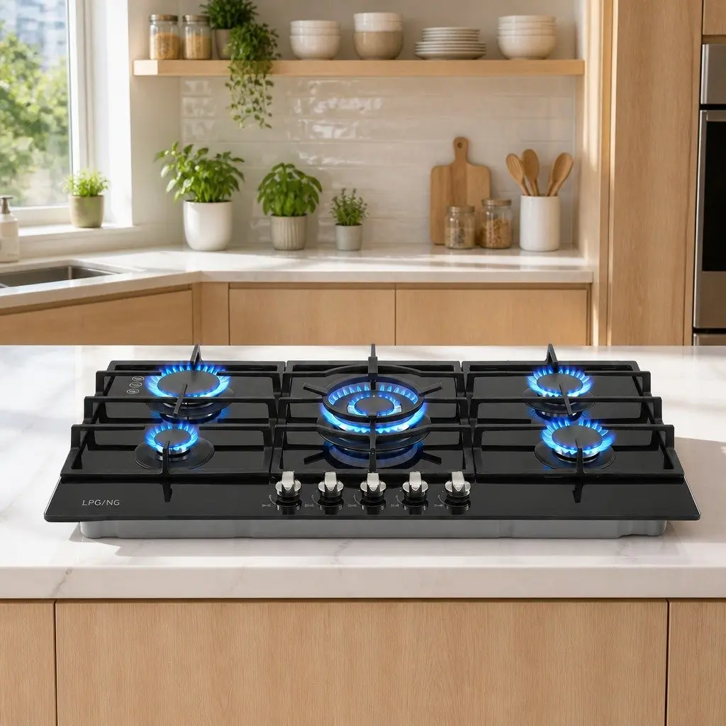 90cm Gas Cooktop 5 Burner Tempered Glass Hob Black for LPG and Natural Gas Cooking