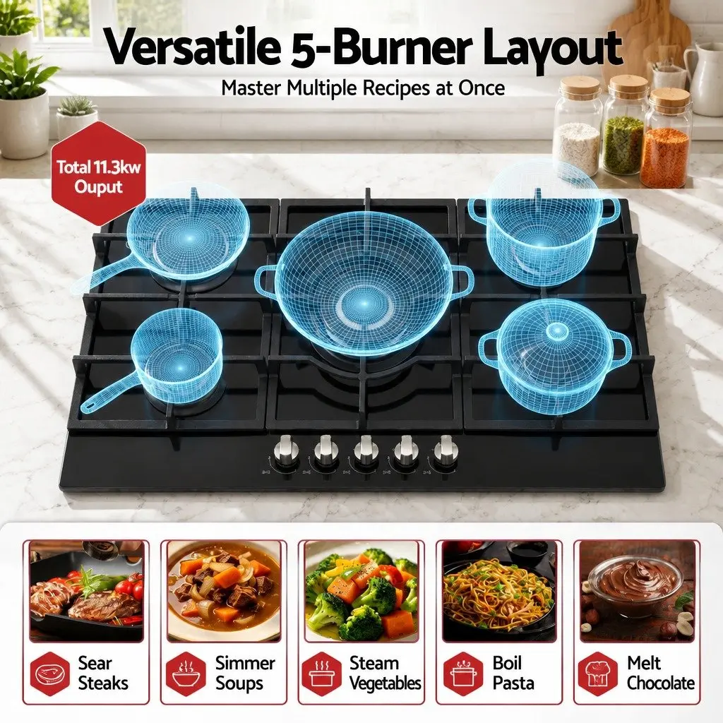 90cm Gas Cooktop 5 Burner Tempered Glass Hob Black for LPG and Natural Gas Cooking