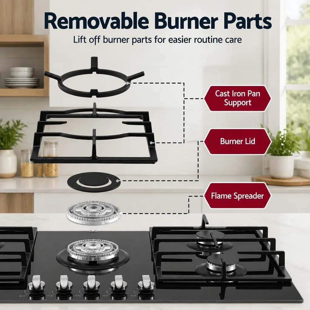 90cm Gas Cooktop 5 Burner Tempered Glass Hob Black for LPG and Natural Gas Cooking