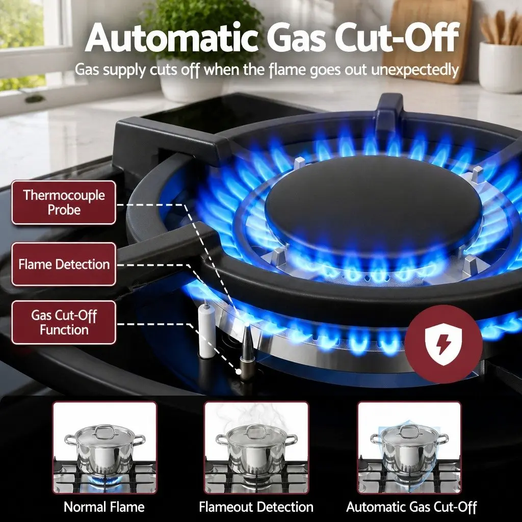 90cm Gas Cooktop 5 Burner Tempered Glass Hob Black for LPG and Natural Gas Cooking