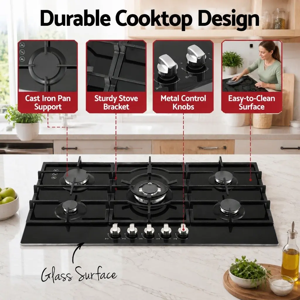 90cm Gas Cooktop 5 Burner Tempered Glass Hob Black for LPG and Natural Gas Cooking